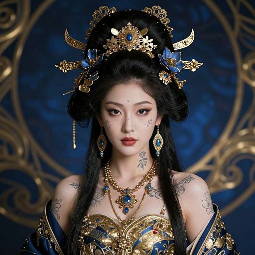 Digital artwork of an East Asian woman with black hair, adorned in elaborate gold and blue ornate jewelry and headpiece, against a dark blue, intricate
