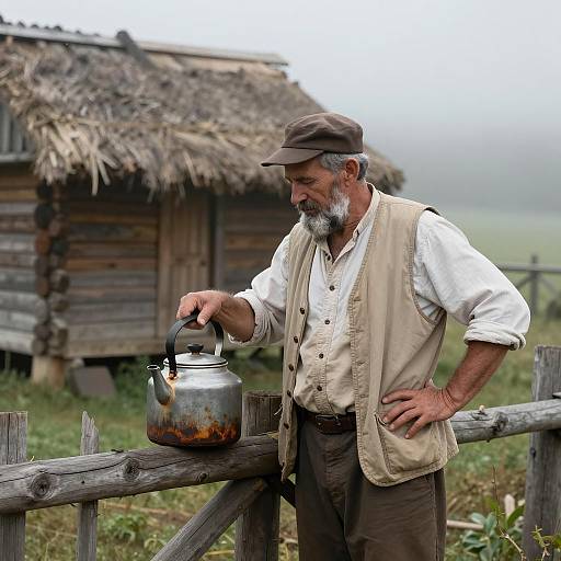 Middle-Aged Man by Rustic Hut