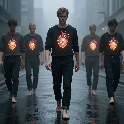 Photograph of five barefoot men in dark sweatshirts with glowing red heart designs, walking in a foggy, wet urban alley.