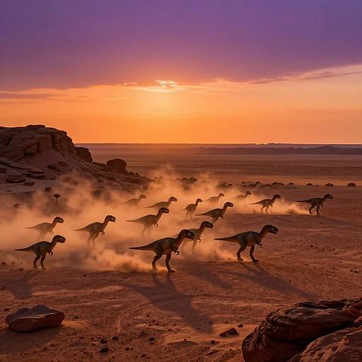 Photograph of a sunset over a desert landscape with silhouetted velociraptors kicking up dust, rocks scattered, and a vibrant orange and purple
