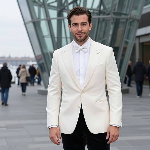 Photograph of a handsome man with dark hair and beard, wearing a white tuxedo jacket and black pants, standing in front of a modern glass