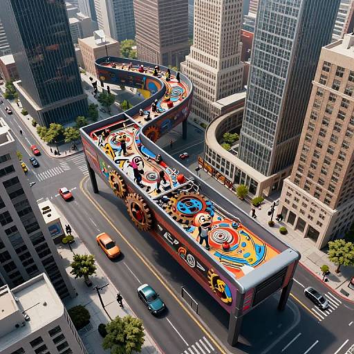 Vibrant, double-decker bus with colorful, cartoon-style mural art, driving through a busy urban cityscape with tall skyscrapers and cars