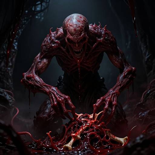 CGI horror image of a grotesque, muscular, bald, blood-splattered monster crouching over a burning, severed human limb in a