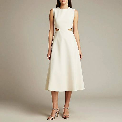 Photograph of a woman in a sleeveless, white, knee-length, cut-out dress, standing against a plain gray background, wearing silver high-he