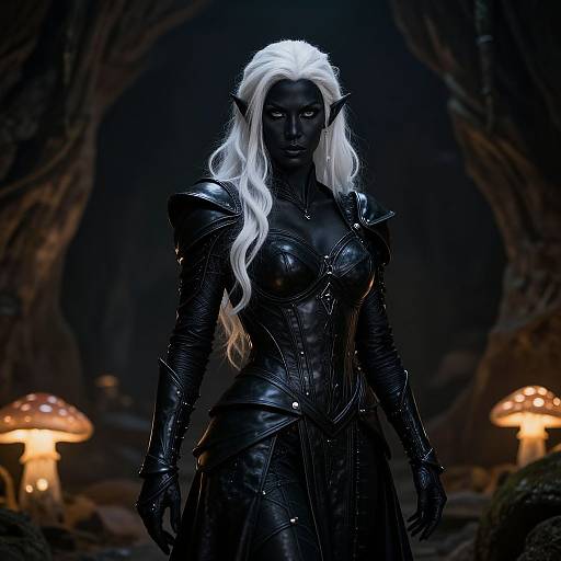 Digital fantasy artwork of a dark-skinned, white-haired elven woman in black, shiny armor standing in a dark forest with glowing mushrooms.