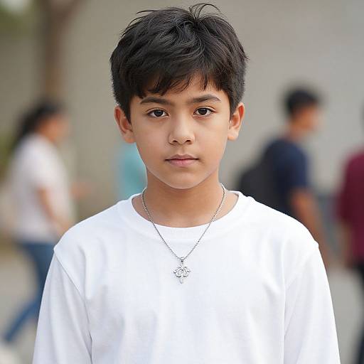 Photograph of a young Asian boy with black hair, wearing a white shirt and silver necklace, standing in a blurred urban background with people walking.