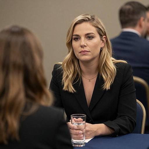 Blonde woman in black blazer at meeting table