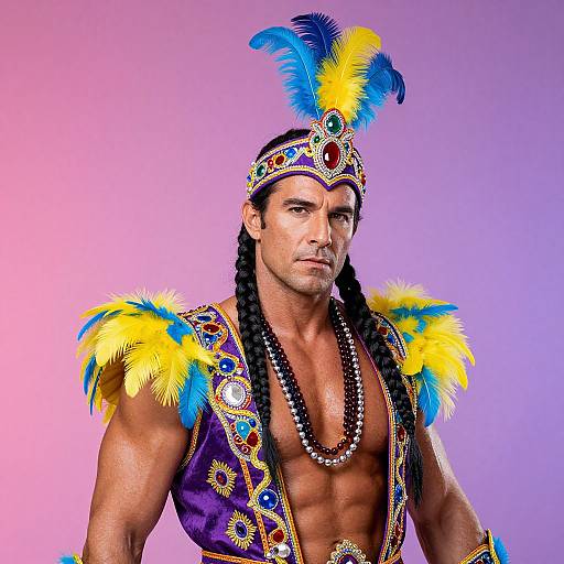 Photograph of a muscular, tan-skinned man with long braids, wearing a colorful, feathered headdress, beaded necklace, and purple