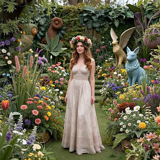 Photograph of a smiling woman with long red hair, wearing a white lace dress and flower crown, standing in a vibrant, colorful garden surrounded by statues