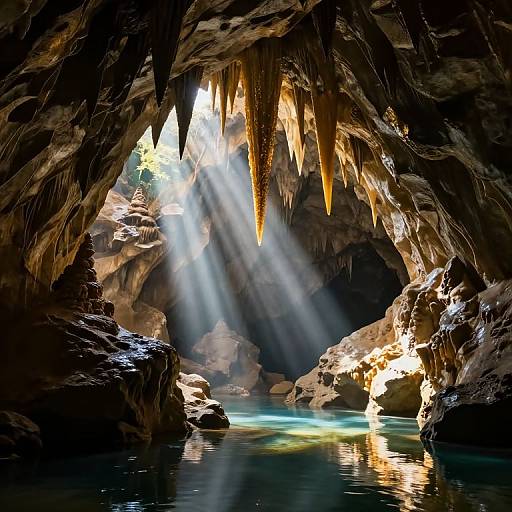 Photograph of a dark cave with icicle-like stalactites, sunlight streaming through, illuminating turquoise water and rocky surroundings outside.