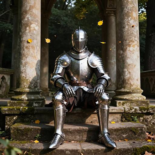 Medieval Knight on Mossy Stone Steps