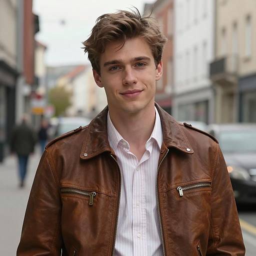 Young Man in Brown Leather Jacket on Urban Street
