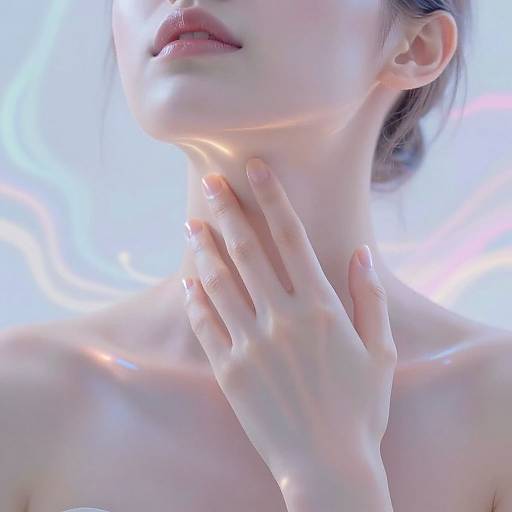 Photograph of a fair-skinned woman's neck and hand, with soft light highlighting her smooth skin and pink lips. Her fingers gently touch her throat