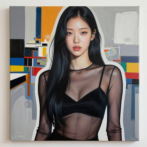 Photorealistic digital portrait of an Asian woman with long black hair, wearing a sheer black top, against a colorful abstract geometric background.