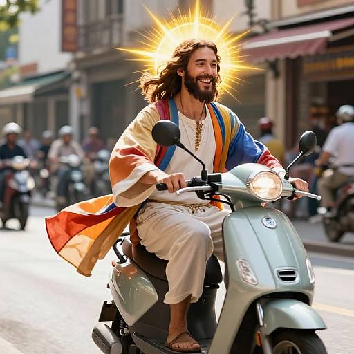 Jesus Christ Riding Scooter Vibrantly