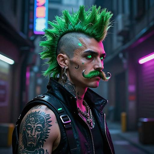 Photograph-style digital artwork of a punk man with green spiky hair, mustache, black leather vest, tattoos, neon-lit urban alley.