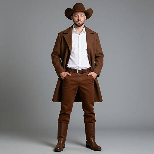 Photograph of a bearded man in brown cowboy hat, long coat, white shirt, brown pants, and boots, standing against gray background. Hands