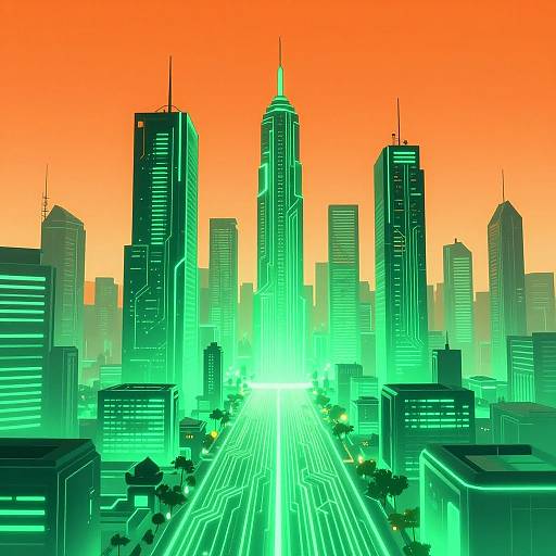 Digital illustration of a neon-green, futuristic cityscape at sunset, featuring towering skyscrapers with glowing lines, a bright orange sky, and a central