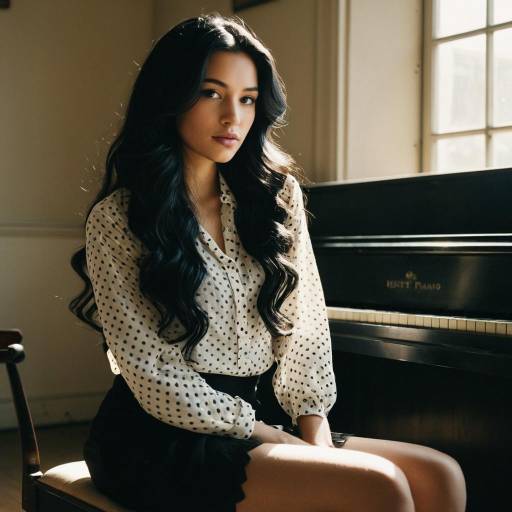 Woman Sitting by Piano in Polka Dot Blouse