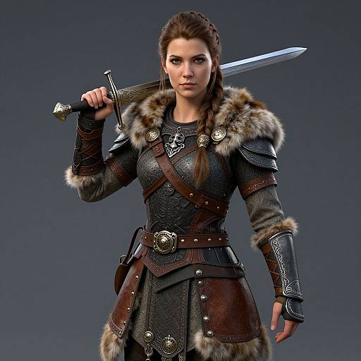 CGI image of a fierce, brown-haired woman in medieval armor with fur trim, holding a sword over her shoulder, standing against a dark gradient background