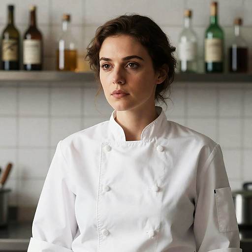 Serious Female Chef in Tiled Kitchen
