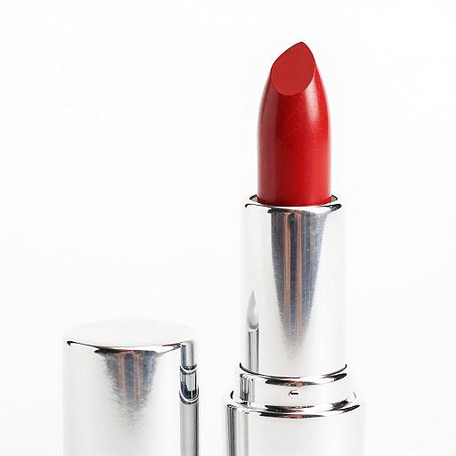 Photograph of a bright red, glossy lipstick with a silver, cylindrical tube, partially opened, on a white background.
