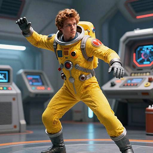 Photorealistic CGI of a curly-haired man in a yellow astronaut suit, standing in a futuristic control room with retro arcade machines.