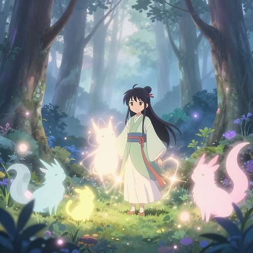 Anime-style digital drawing of a black-haired girl in a white kimono with a red sash, surrounded by glowing white and blue fox spirits in a