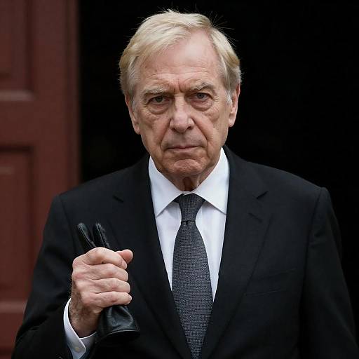 Serious Older Man in Black Suit Holding Glove