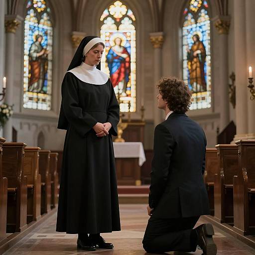 Man Kneeling Before Nun in Church