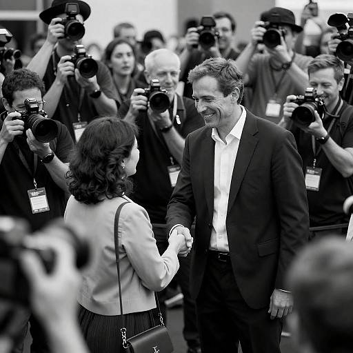 Man and Woman Shaking Hands at Press Event