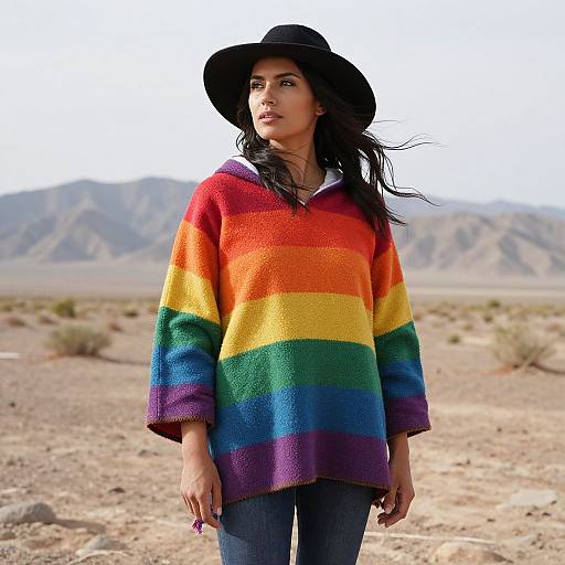 Photograph of a woman with long black hair, wearing a black hat and a rainbow-striped sweater, standing in a desert with mountains in the background.
