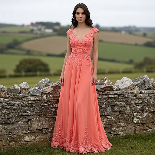 Photograph of a woman with dark wavy hair wearing a sleeveless, coral lace gown, standing in front of a rustic stone wall against a green