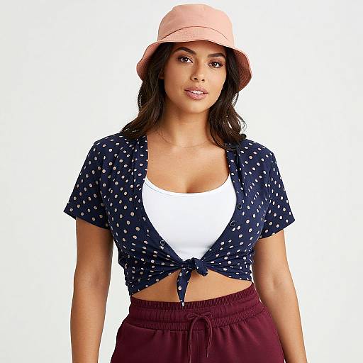 Casual sporty woman in polka dot shirt and bucket hat