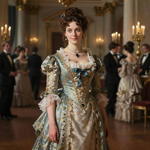 Photograph of a fair-skinned woman with dark curly hair, in an elaborate 18th-century blue and gold dress, standing in a grand,
