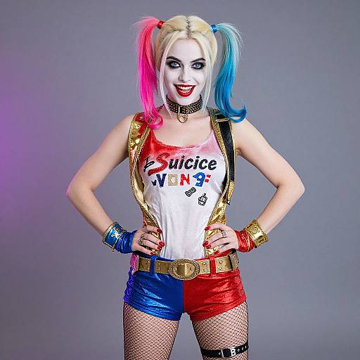 Photograph-style CGI of Harley Quinn cosplay: blonde hair in pink and blue pigtails, white tank top, 