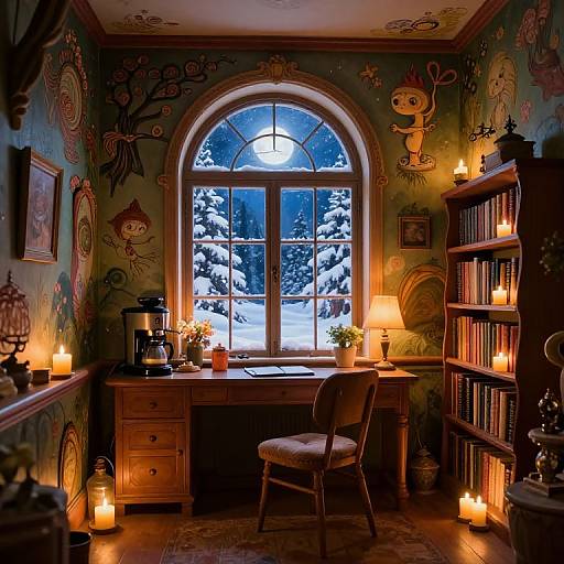 Cozy, dimly-lit study with snow-covered window, wooden desk, chair, bookshelf, and warm candlelight. Whimsical wall