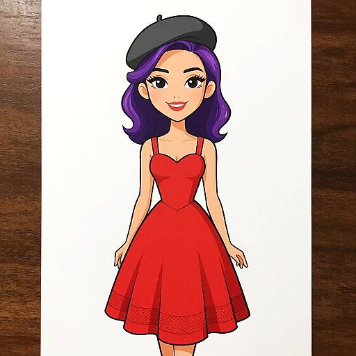 Cartoon-style drawing of a smiling woman with purple hair, wearing a black beret and a red, sleeveless, A-line dress, standing against