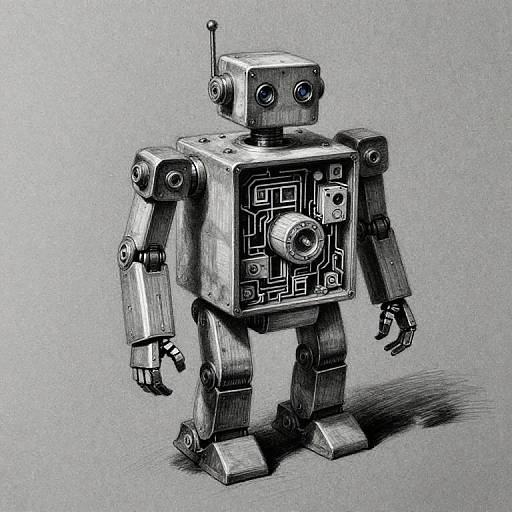 Detailed pencil drawing of a metallic, boxy robot with an antenna, circuitry panel, and jointed arms and legs, standing against a textured gray
