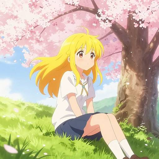 Anime Girl Under Cherry Blossom Tree