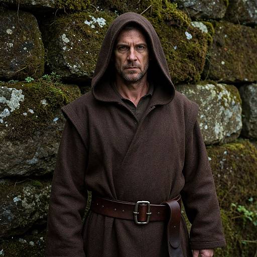 Photograph of a serious, middle-aged man with light brown beard, wearing a dark brown hooded robe, standing against a mossy stone wall.