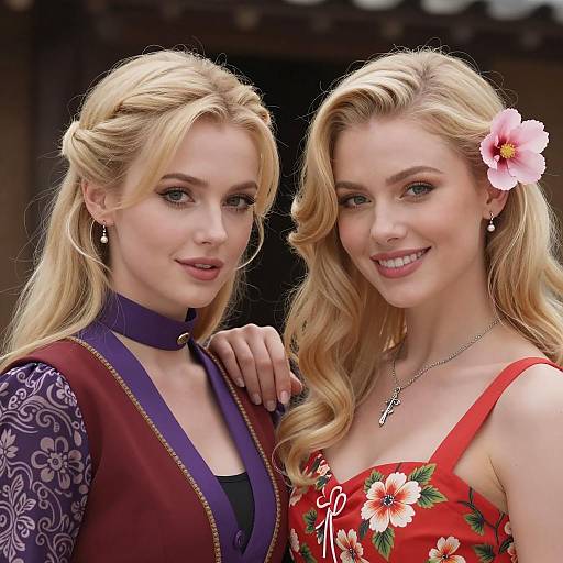 Two Blonde Women in Floral and Patterned Outfits