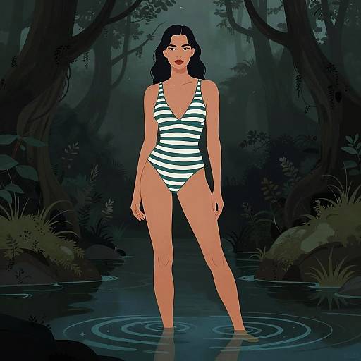 Striped Swimsuit in Foggy Dark Forest
