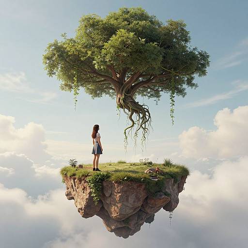 Digital artwork of a girl with brown hair in a sleeveless top and skirt, standing on a floating grassy rock, admiring a large, leaf