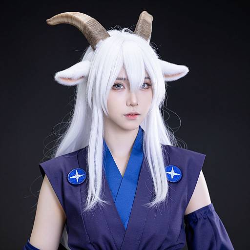 Photograph of an Asian woman with long white hair, goat horns, black sleeveless kimono, blue accents, and black background.