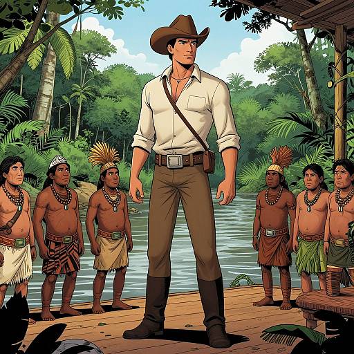 Digital illustration of a muscular white man in a cowboy hat and white shirt, standing on a wooden dock surrounded by five Native American men with feathered he