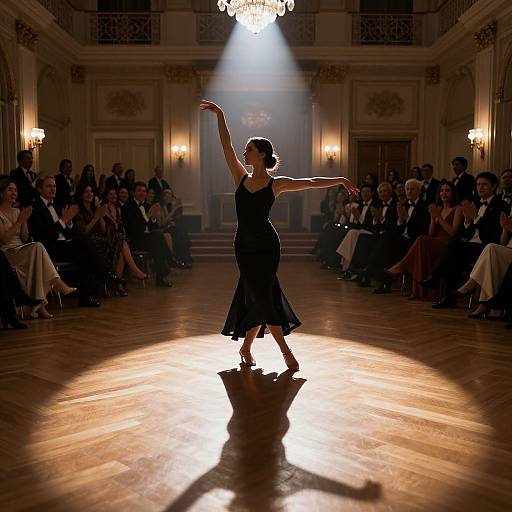 Photograph of a silhouetted ballerina in a black dress performing on a wooden floor, spotlighted in an elegant, ornate ball