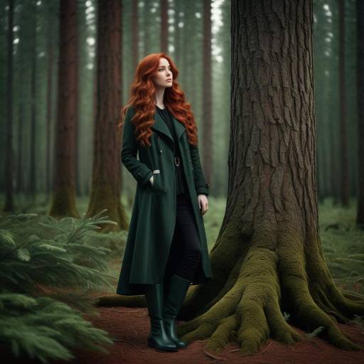 Red-Haired Woman in Forest with Dark Coat