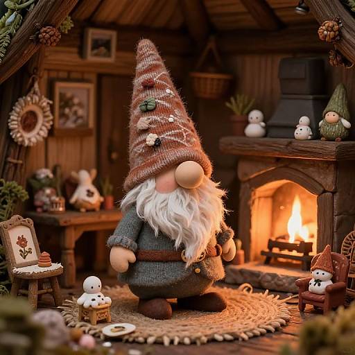 Photograph of a whimsical gnome with a red and brown striped hat, white beard, gray clothes, standing by a cozy wooden fireplace, surrounded by