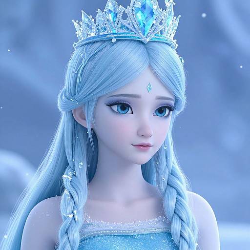 Digital artwork of a blue-eyed, pale-skinned princess with long, braided silver hair, wearing a sparkling silver crown and dress, set against a